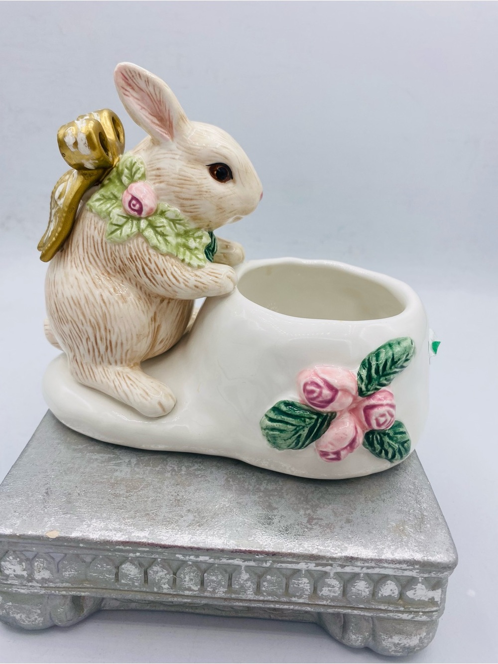 Fitz and Floyd  Bunny Winter Rose Candle Holder/Planter Hand Painted Ceramic